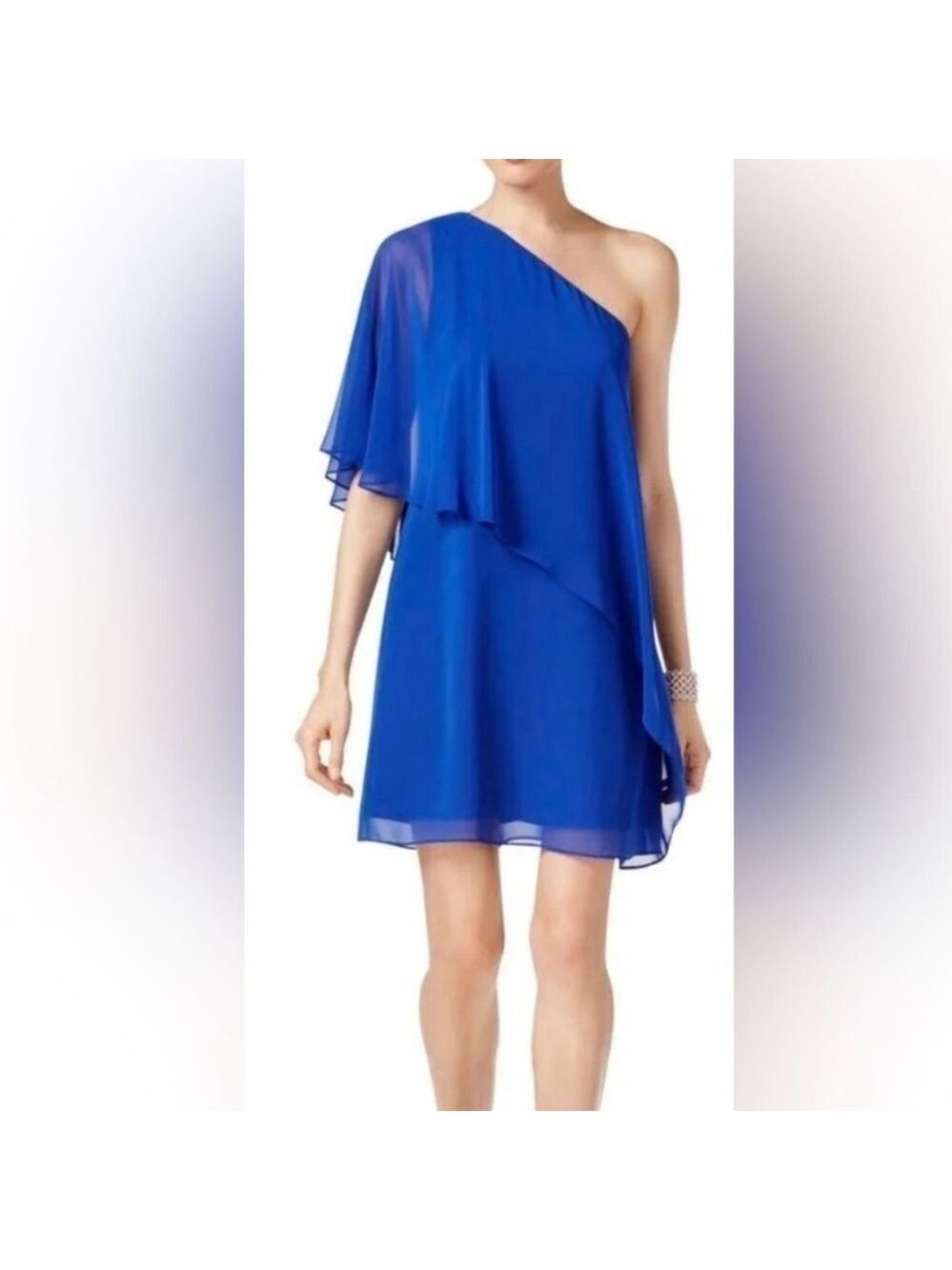 Vince Camuto One Shoulder Chiffon Overlay Cobalt Dress. Sz 10 NWT